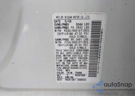 2009 Nissan Murano S z USA, uszkodzony, nr VIN JN8AZ18U99W101074